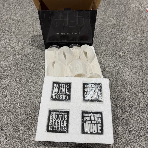 Wine Science Other - Crystal Wine Glasses Set of 4 with 4 Coasters, Hand Blown Premium Glasses, 19 oz